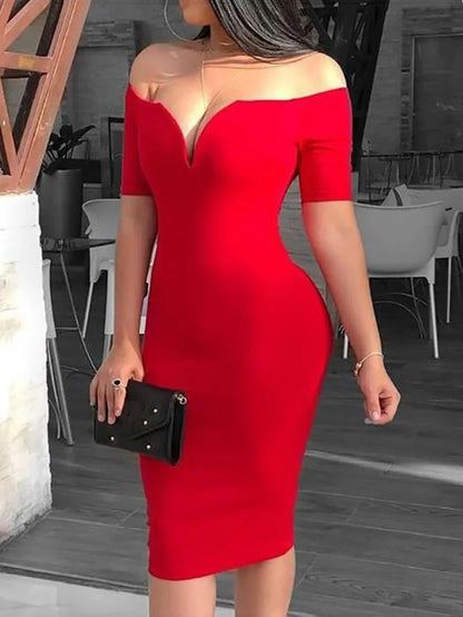 V style off-the-shoulder fitted dress with a tight waist