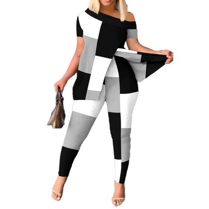 Summer Fashion Printed Two Piece Set Women Causa Off Shoulder Short  Sleeve Split T-Shirt Leggings Slim 2 Piece Suit Women