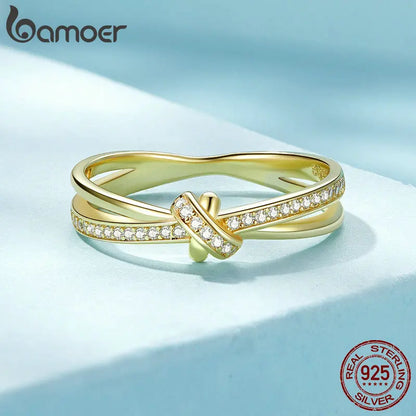 Bamoer 925 Sterling Silber Doppelschicht-Knoten-Fingerring Stapelbare Ringe für Frauen Original-Design Edler Schmuck SCR896 2 Farben