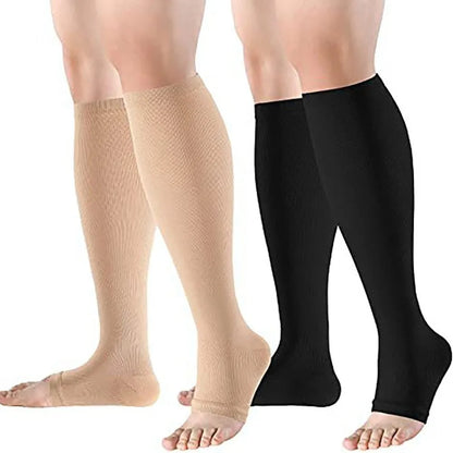 Open-toe compression socks engineered for circulation support