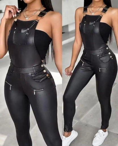 Jumpsuit Shoulder Strap Square Neck Sleeveless Pu Leather Buckle Zipper Suspender Tight Fitting