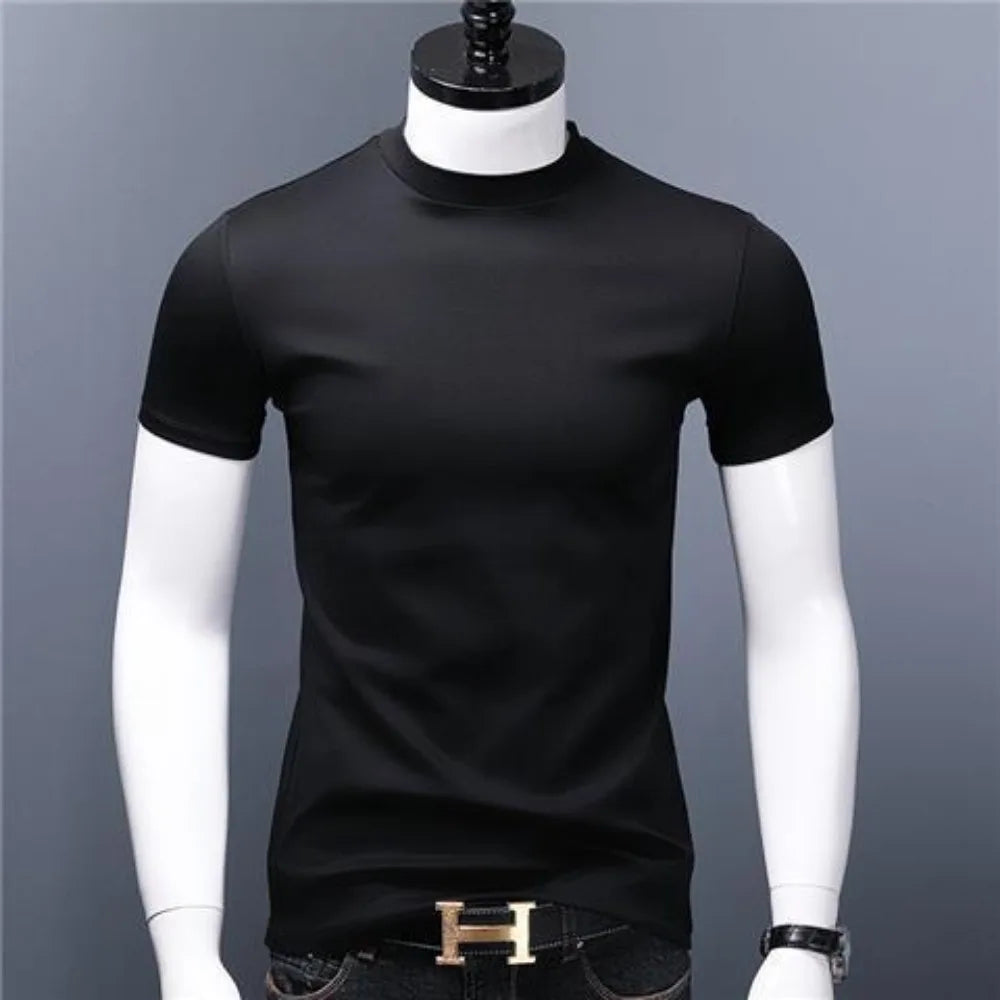 Men's Casual Turtleneck T-Shirts Short Sleeve Solid Slim Fit Silk High Neck Tops Inner Wear Trendy Round Neck Base Layer Shirt San Remo Shops