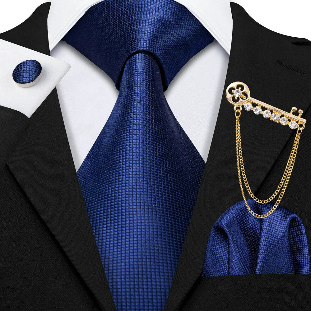 Fashion Teal Men Necktie With Brooch Pocket Square Cufflinks Sets Exquisite Silk Solid