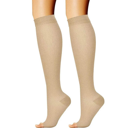 Open-toe compression socks engineered for circulation support