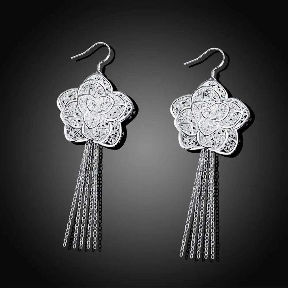 Charms high quality 925 Sterling Silver Beautiful tassel Flowers Earrings for Women fashion party wedding Jewelry Gifts San Remo Shops