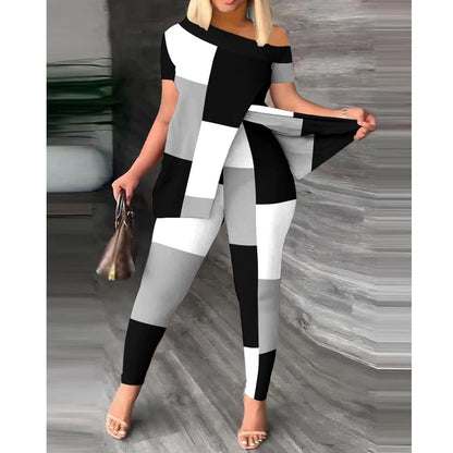 Conjunto de dos piezas para mujer, moda de verano, sexy, con hombros descubiertos, abertura, estampado, manga corta, top ajustado, leggings de cintura alta, pantalones, conjuntos.