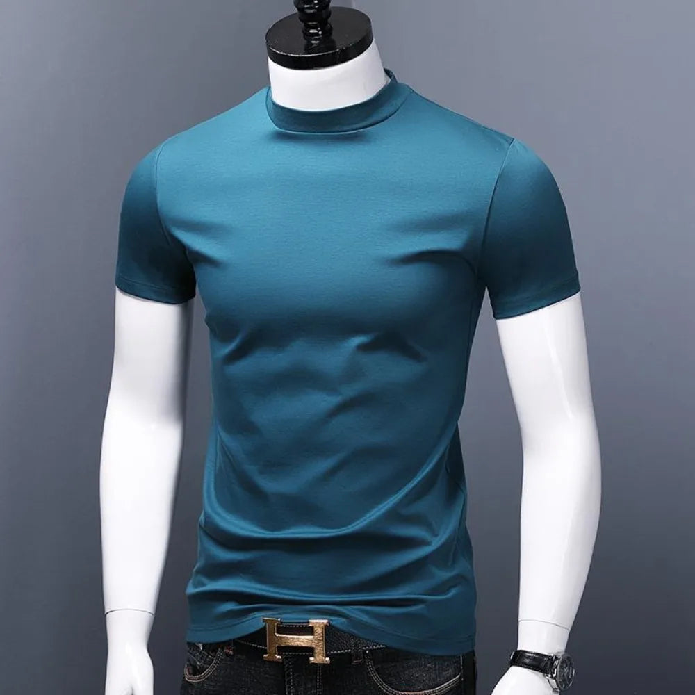 Men's Casual Turtleneck T-Shirts Short Sleeve Solid Slim Fit Silk High Neck Tops Inner Wear Trendy Round Neck Base Layer Shirt San Remo Shops