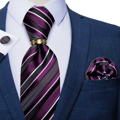 Tie Set Handkerchief Cufflinks With Gold Metal Ring 8CM Silk