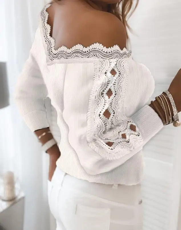 Top Selling On Similar Deals Women's Casual Lace Trim Ribbed Cutout Long Sleeve Sweater V-Neck Pullover Daily Women Clothing San Remo