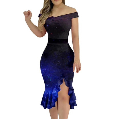 Party Dress Off Shoulder Split Ruffle Solid  Knee-Length  Fashion Glitter