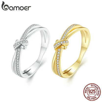 Bamoer 925 Sterling Silber Doppelschicht-Knoten-Fingerring Stapelbare Ringe für Frauen Original-Design Edler Schmuck SCR896 2 Farben