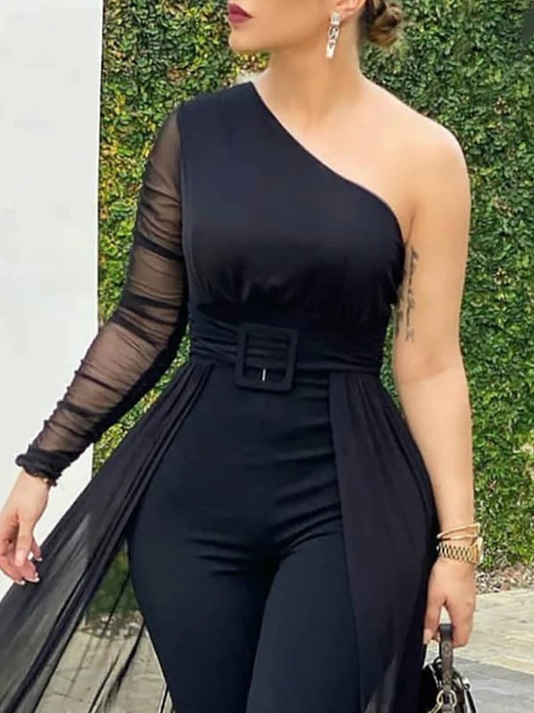 Women Fashion Elegant Casual One Shoulder Plain Sheer Mesh Jumpsuit Long Sleeve Chic Mesh Solid Patchwork Overalls for Women