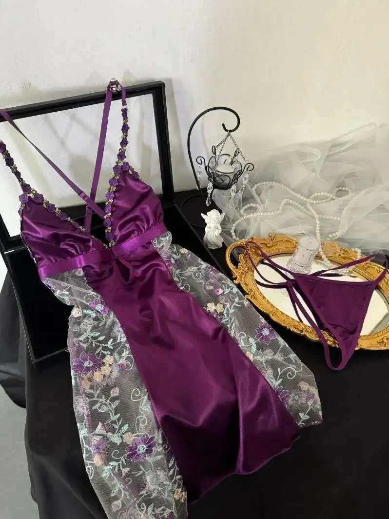 Sexy Purple Dress Silk Splicing Perspective Seduction V-neck Nightgown Flower Suspender Backless Sleeveless Dress Elegant AHZC
