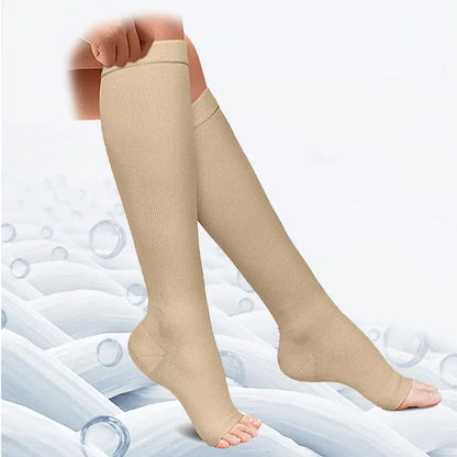 Open-toe compression socks engineered for circulation support