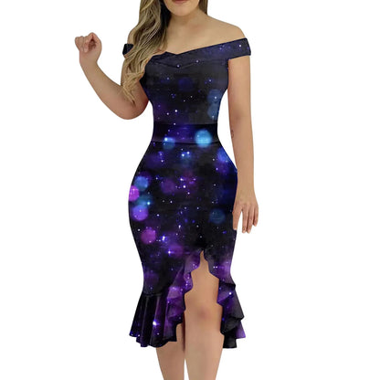 Party Dress Off Shoulder Split Ruffle Solid  Knee-Length  Fashion Glitter