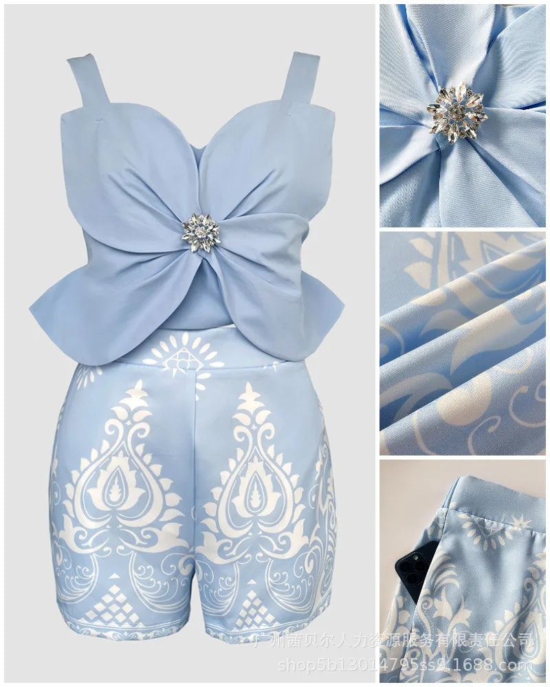 Shorts Pant Set Women Two Piece Sets Matching Sets Sling Tops Short Pants High Waist Print Y2k Streetwear Elegant Work Beach