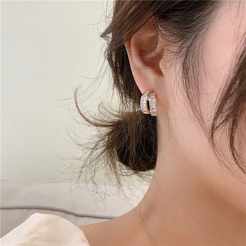 New Creative Double Row Zircon Golden C-shaped Stud Earrings For Women Fashion Charm Ladies Earrings Party Gift Jewelry San Remo