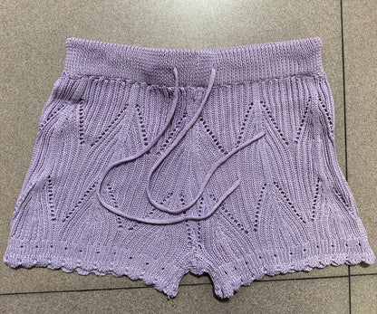 Womens Beach Shorts Hollow Out Knitted Lace Drawstring Elastic Waist Soft Breathable Loose High Waist Summer Bikini Shorts