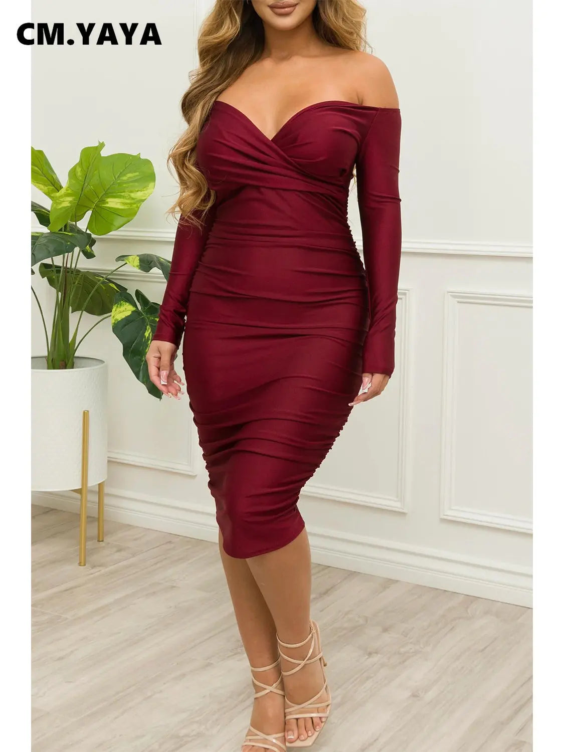 Off Shoulder V-neck Bodycon Midi Dress