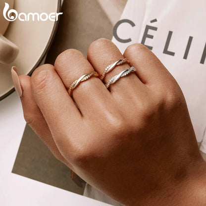 Anillo BAMOER de plata de ley 925 con circonita cúbica, chapado en oro de 14 quilates, para mujer, 3 colores, BSR248