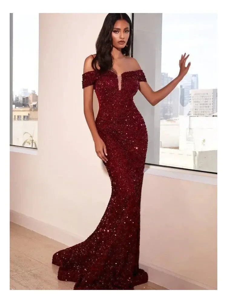 V-Neck Sexy Formal Backless Prom Party Gown Pink Elegant Sequins Off Shoulder Evening Dress Mermaid for Women San Remo Shops