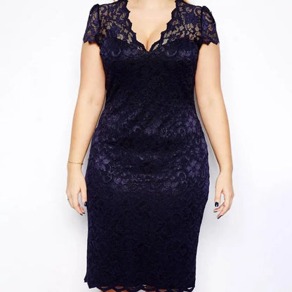 Summer Women See-through Lace Patchwork Mini Dress V-Neck Short Sleeve Slim Fit Plus Size Party Dress Female Clothing