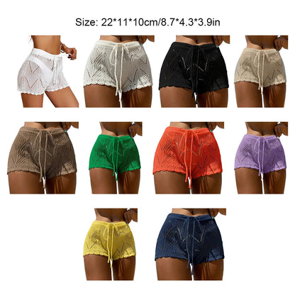 Hollow Out Drawstring Elastic Waist Crochet Knit Swim Shorts Women Summer Sexy Beach Holiday Cover Up Shorts