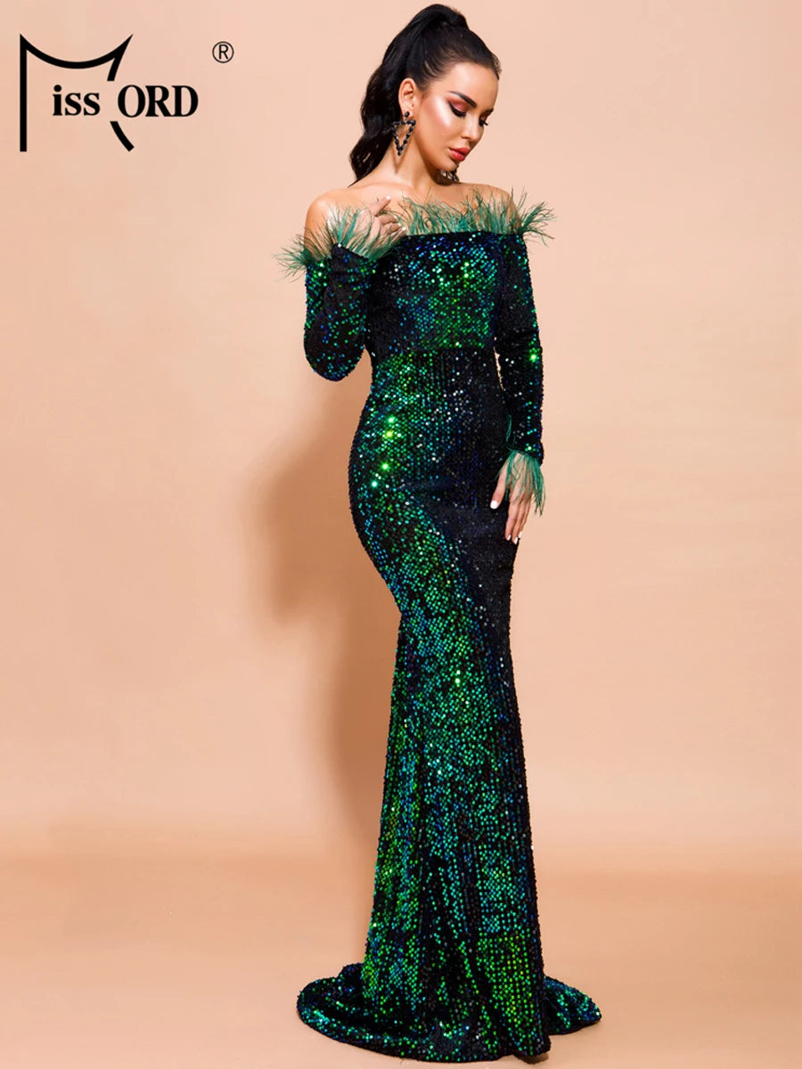 Missord Green Sequin Evening Dresses Elegant Women Off Shoulder Feather Long Sleeves Bodycon Maxi Mermaid Party Prom Dress Gown San Remo Shops