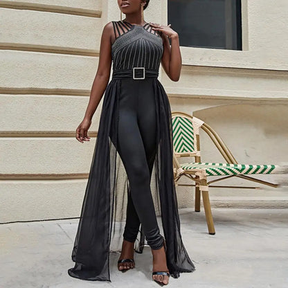 Mono plisado para mujer, elegante mono con hebilla de diamantes de imitación para mujer, de malla con retazos, cintura alta, para ocasiones formales y fiestas.