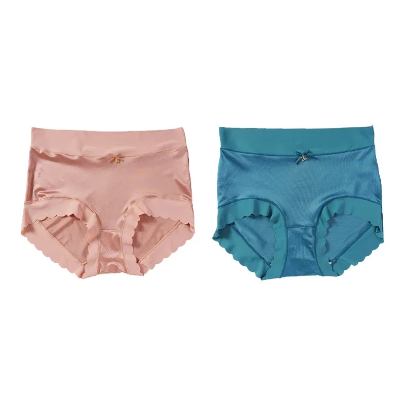 2pcs/set High-waist Women's Simple Satin Ice Silk Seamless Underwear Female Breathable High Quality Panties Butt Lift Briefs