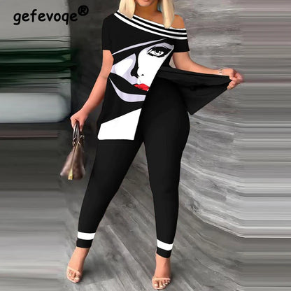 Conjunto de dos piezas para mujer, moda de verano, sexy, con hombros descubiertos, abertura, estampado, manga corta, top ajustado, leggings de cintura alta, pantalones, conjuntos.