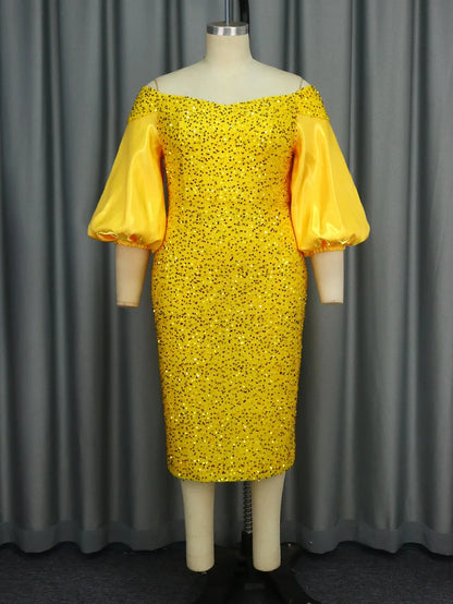 Vestidos de fiesta ajustados amarillos brillantes con hombros descubiertos y lentejuelas sexys para eventos y ocasiones de boda