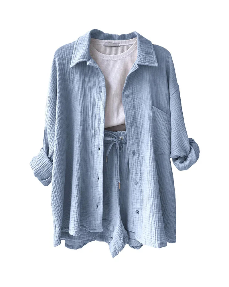 Summer Women's Suit Short Sets Outfits Muslin Suit For Women 2025 Two Piece Female Clothing Solid Button Outfits