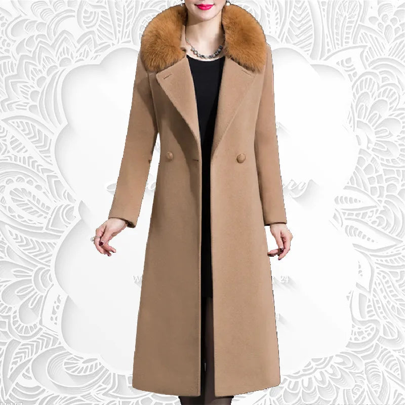 Autumn Winter Women Fashion Covered Coat Warm Pure Color Long Jacket Ladies Outwear Slim Fur Collar High Quality Clothing San Remo