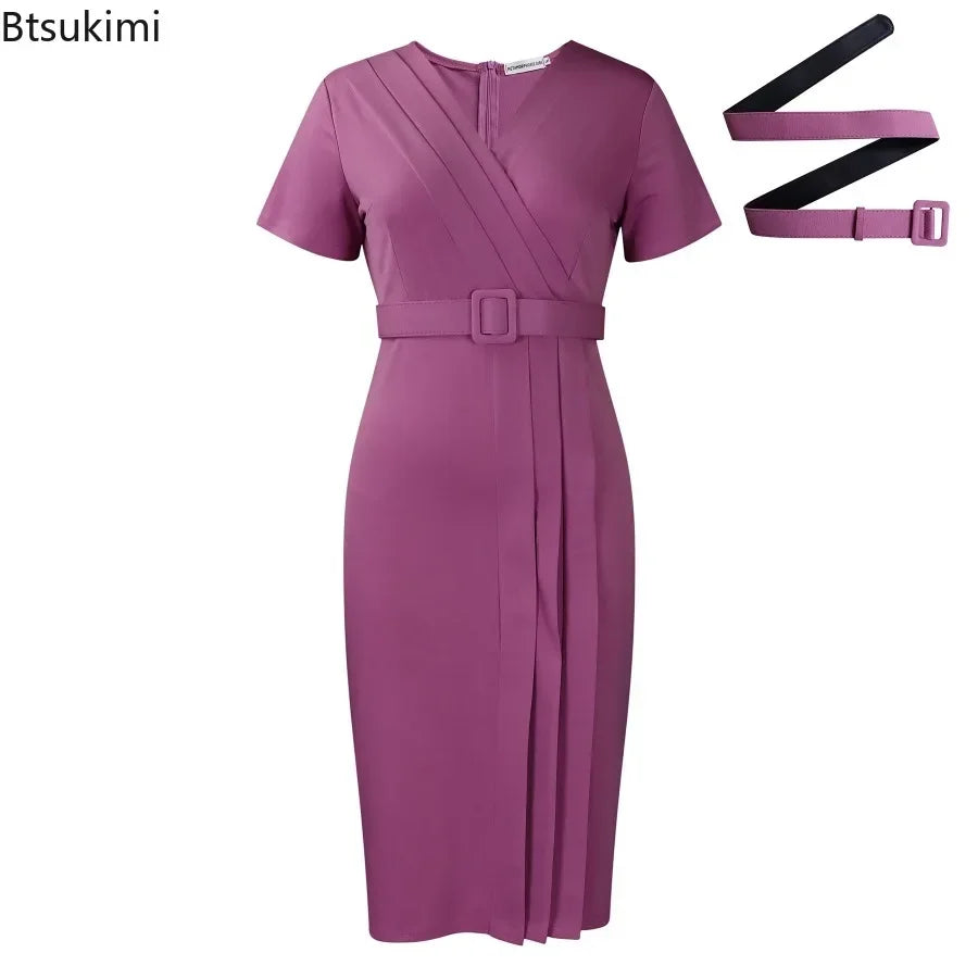 2024 Summer Women's Elegant Bodycon Dress Temperament Commuter Pencil Dress Lady Classic Short Sleeve Wrap Hip Dresses with Belt