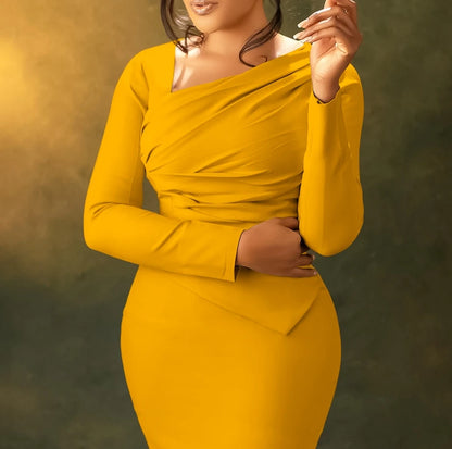 Elegantes Abendkleid für Damen im französischen Stil, Sommer 2024, lässig, langärmelig, Pendlertasche, Hüfte, schräger Halsausschnitt, plissierte Partykleider