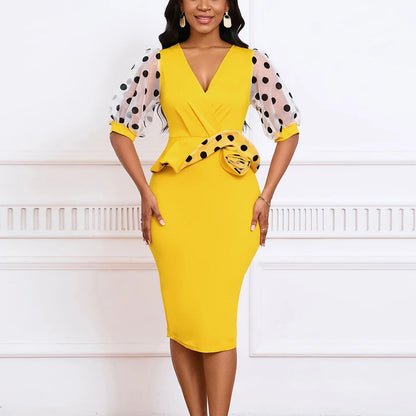 Kleid Büroarbeit für Frauen V-Ausschnitt Halbarm Polka Dot V-Ausschnitt Etuikleid Paket Hüfte Mitte Wade Professionelles Businesskleid Midi OL