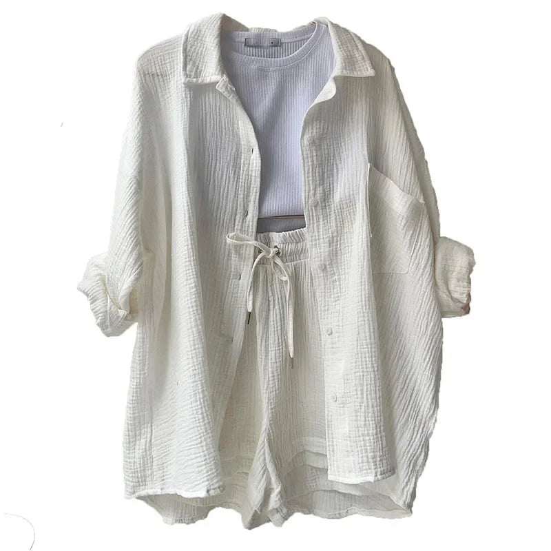 Summer Women's Suit Short Sets Outfits Muslin Suit For Women 2025 Two Piece Female Clothing Solid Button Outfits