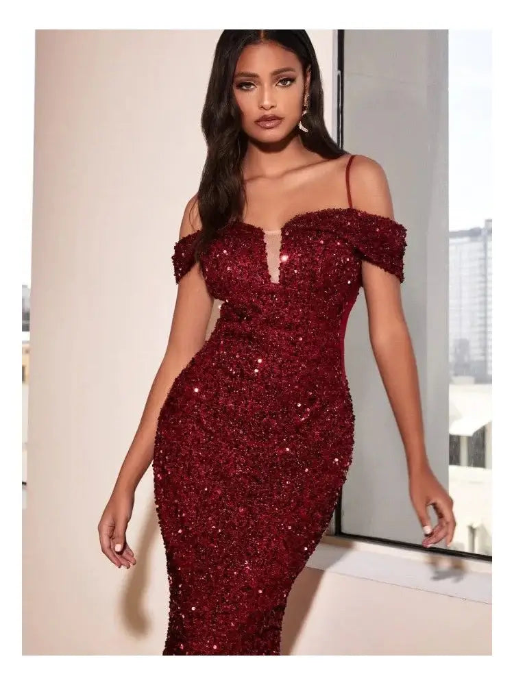 V-Neck Sexy Formal Backless Prom Party Gown Pink Elegant Sequins Off Shoulder Evening Dress Mermaid for Women San Remo Shops