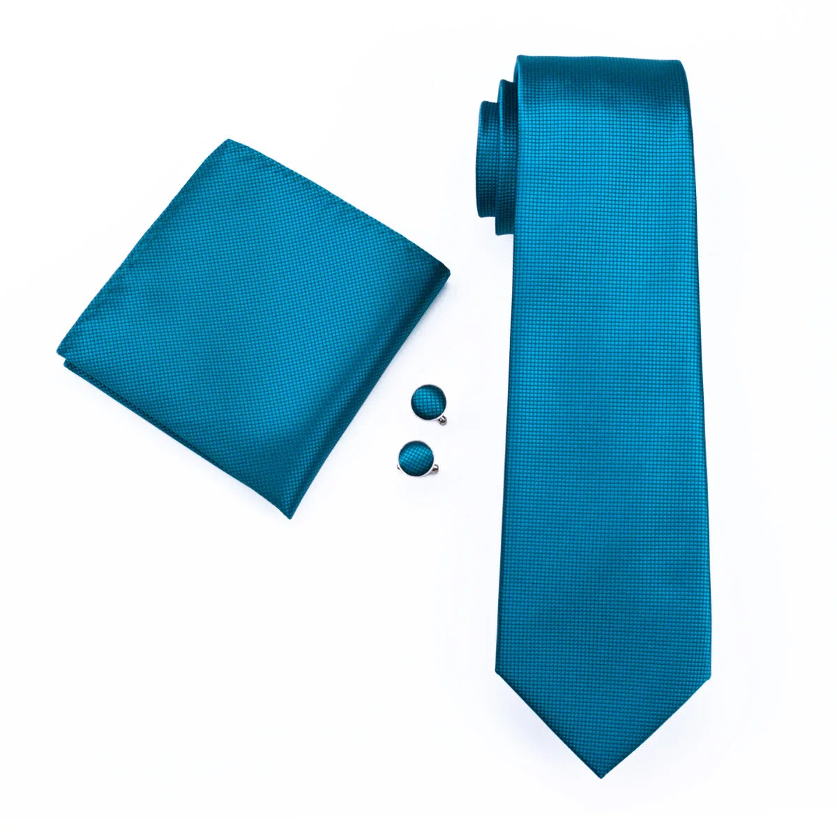 Fashion Teal Men Necktie With Brooch Pocket Square Cufflinks Sets Exquisite Silk Solid