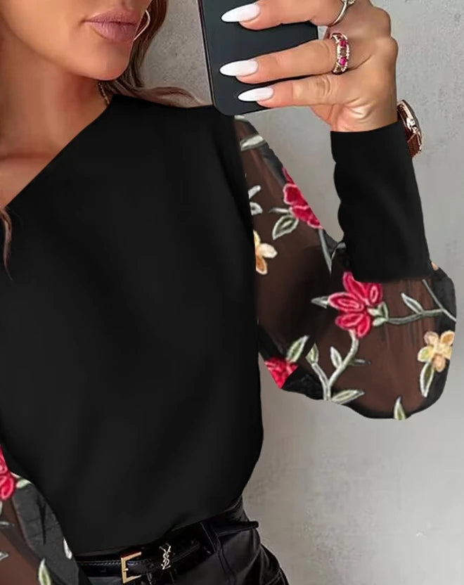 Top Selling On Similar Deals Women's Floral Embroidery Mesh Patch Chain Decor Blouses Fashion Casual Long Sleeve Elegant Tops San Remo