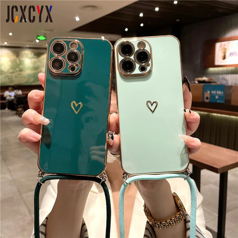 Crossbody Lanyard Cord Plating Love Soft Case For iPhone 14 Pro Max 13 12 11 XS XR 8 7 Plus SE3 MiNi Lens Protector Back Cover San Remo