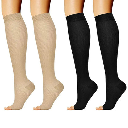 Open-toe compression socks engineered for circulation support