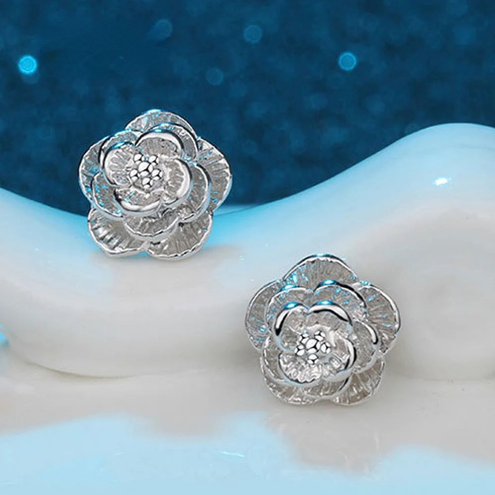 Hot 925 Sterling Silver Pretty rose Flower stud Earrings for Women Fashion classic party wedding Jewelry Holiday gifts San Remo Shops