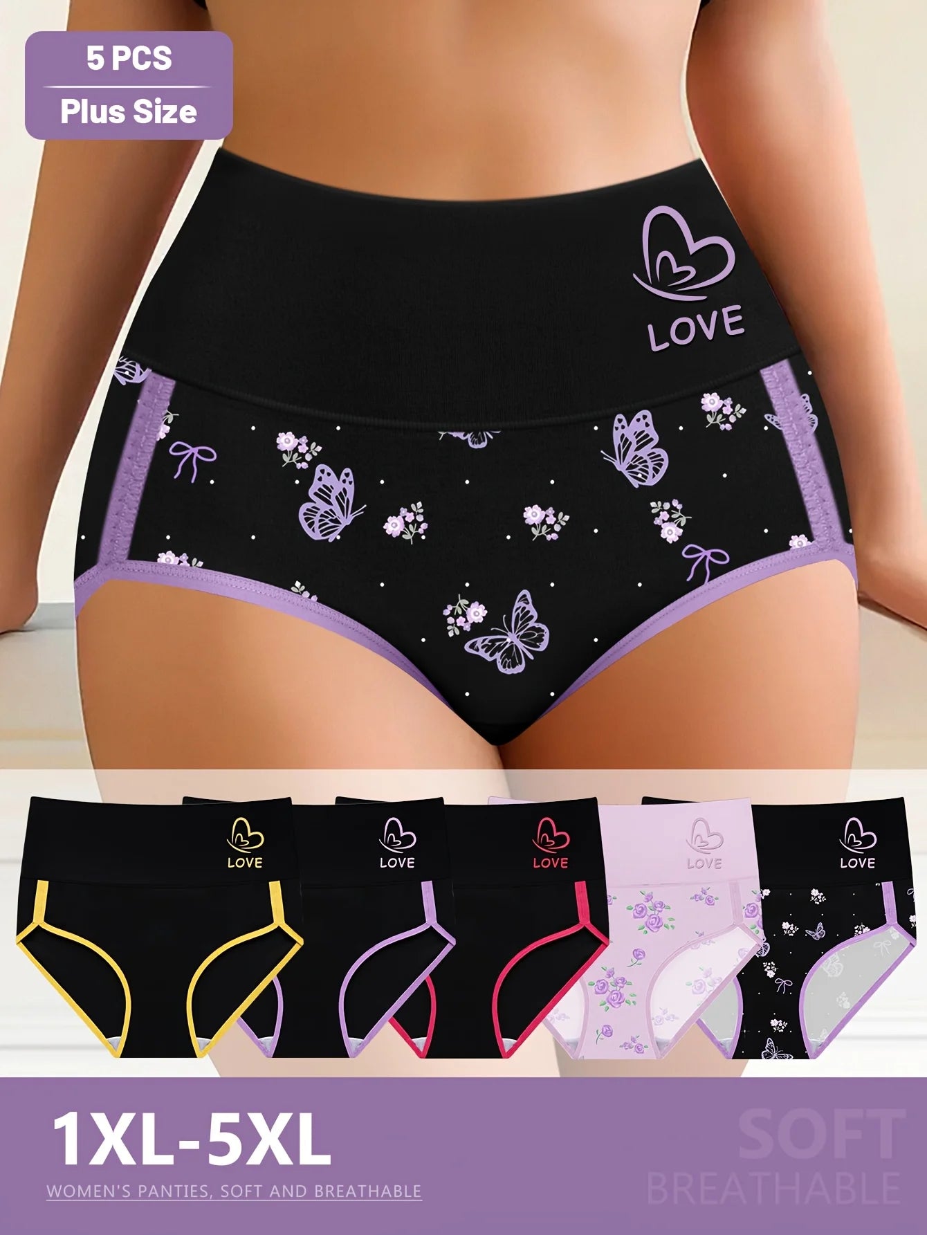 5-Pack Plus Size Panties for Women, Solid Color, Comfortable Breathable Polyester, Medium stretch, Knit