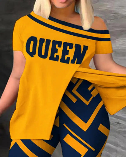 Conjunto de dos piezas para mujer, moda de verano, sexy, con hombros descubiertos, abertura, estampado, manga corta, top ajustado, leggings de cintura alta, pantalones, conjuntos.