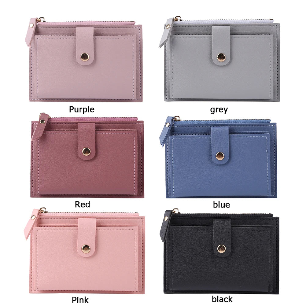 Women Fashion Multi-slot Zipper Card Holder PU Leather Mini Solid Color Wallet