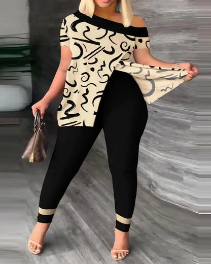 Conjunto de dos piezas para mujer, moda de verano, sexy, con hombros descubiertos, abertura, estampado, manga corta, top ajustado, leggings de cintura alta, pantalones, conjuntos.