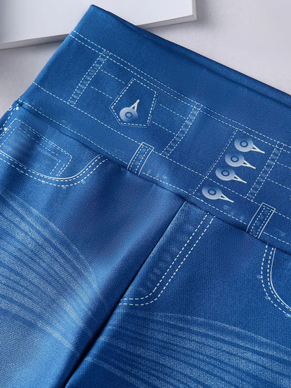 New Fashion High-waisted Imitation Denim Leggings Women Europe And America Sexy High-stretch Tight Nine-point Pants Women