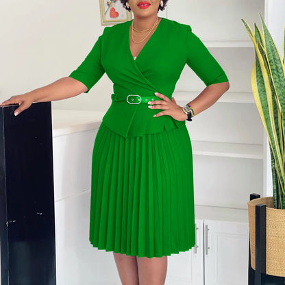 Elegante Bürokleider Plissee für Damen 2024 Herbst V-Ausschnitt Halbarm Gürtel Taille Mitte der Wade Professionelles Business-Kleid